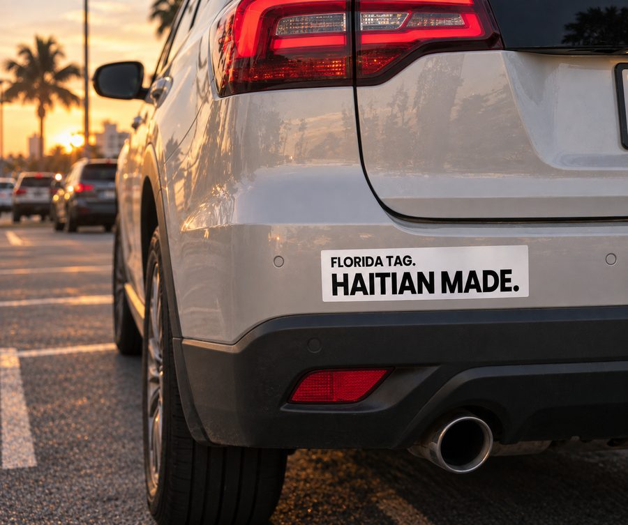 Concept rendering of a Florida Tag, Haitian Made bumper sticker on a car at sunset